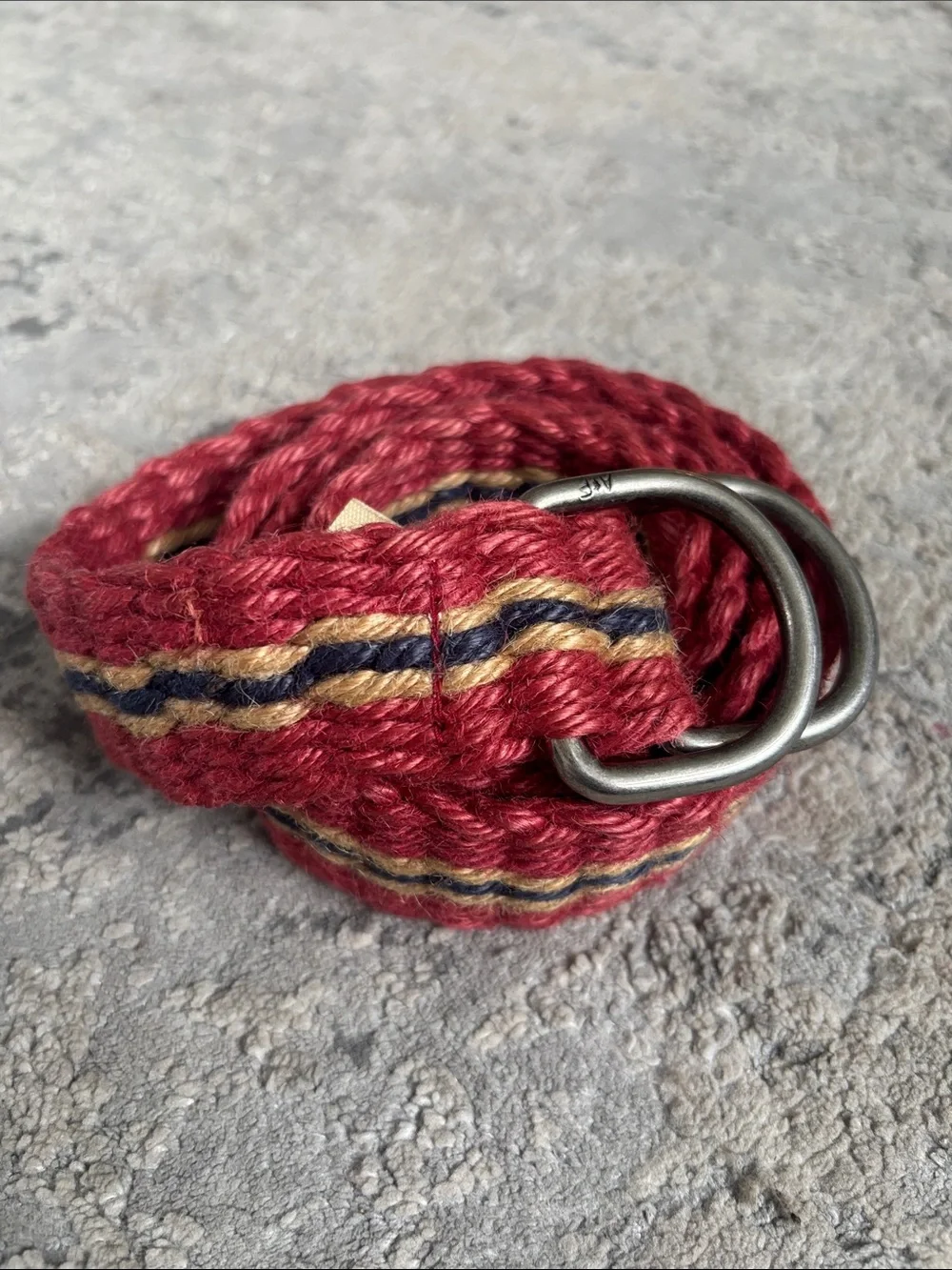 Y2K Abercrombie & Fitch Red Woven D-Ring Belt with Navy and Tan Stripes
